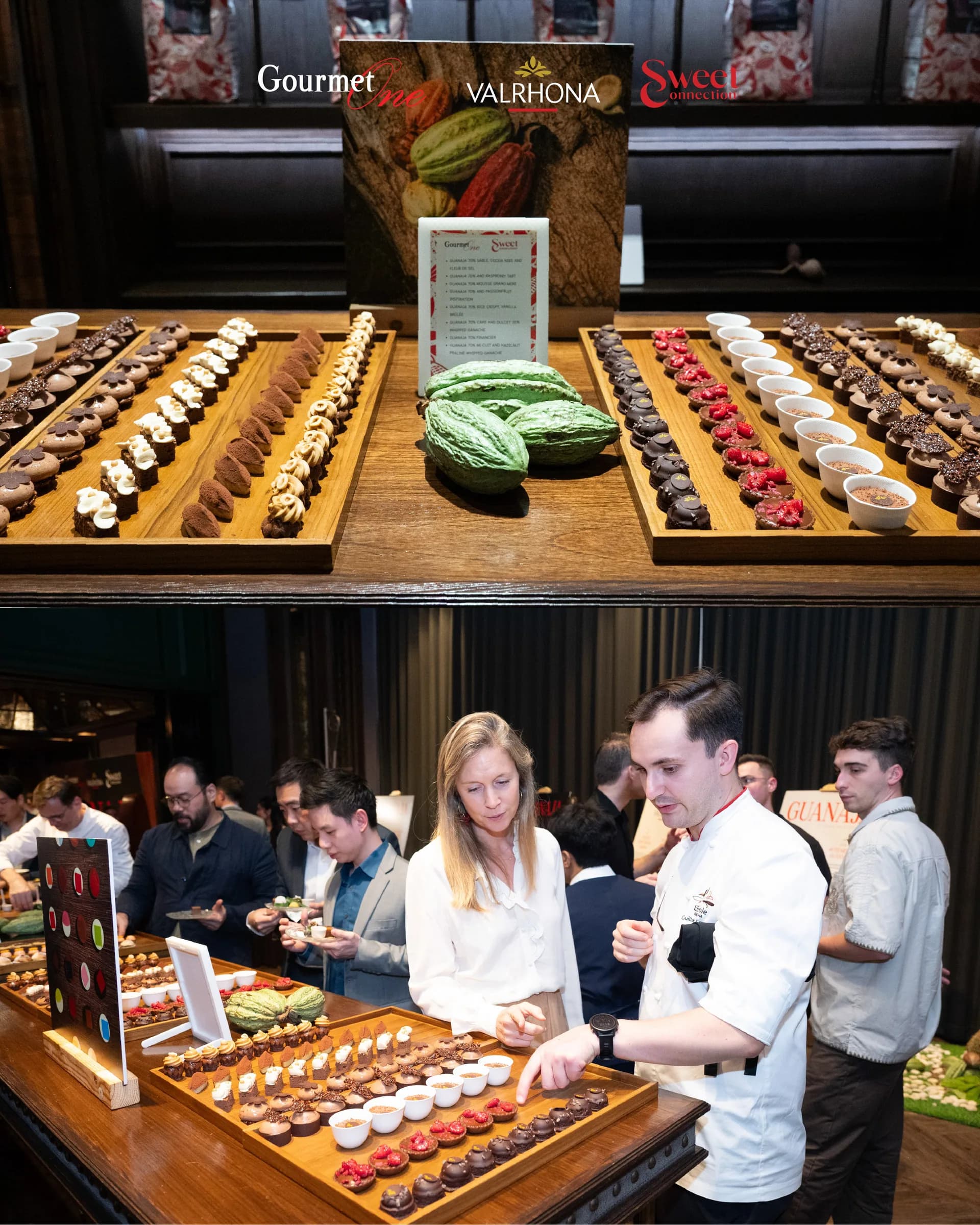 A long display of colourful petits fours and desserts being explored by guests.