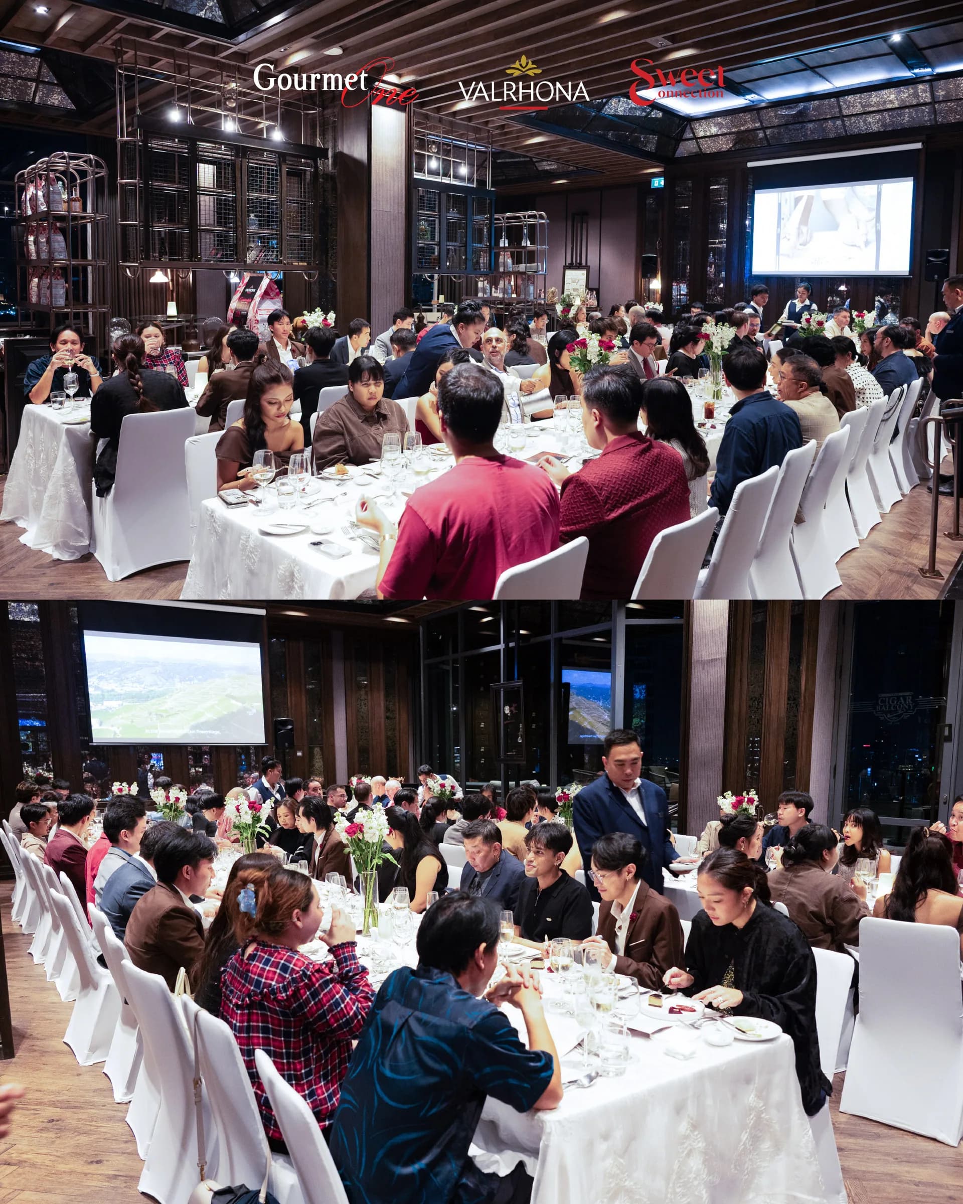 Guests gathered around long tables at Abar Rooftop for the Guanaja dinner.