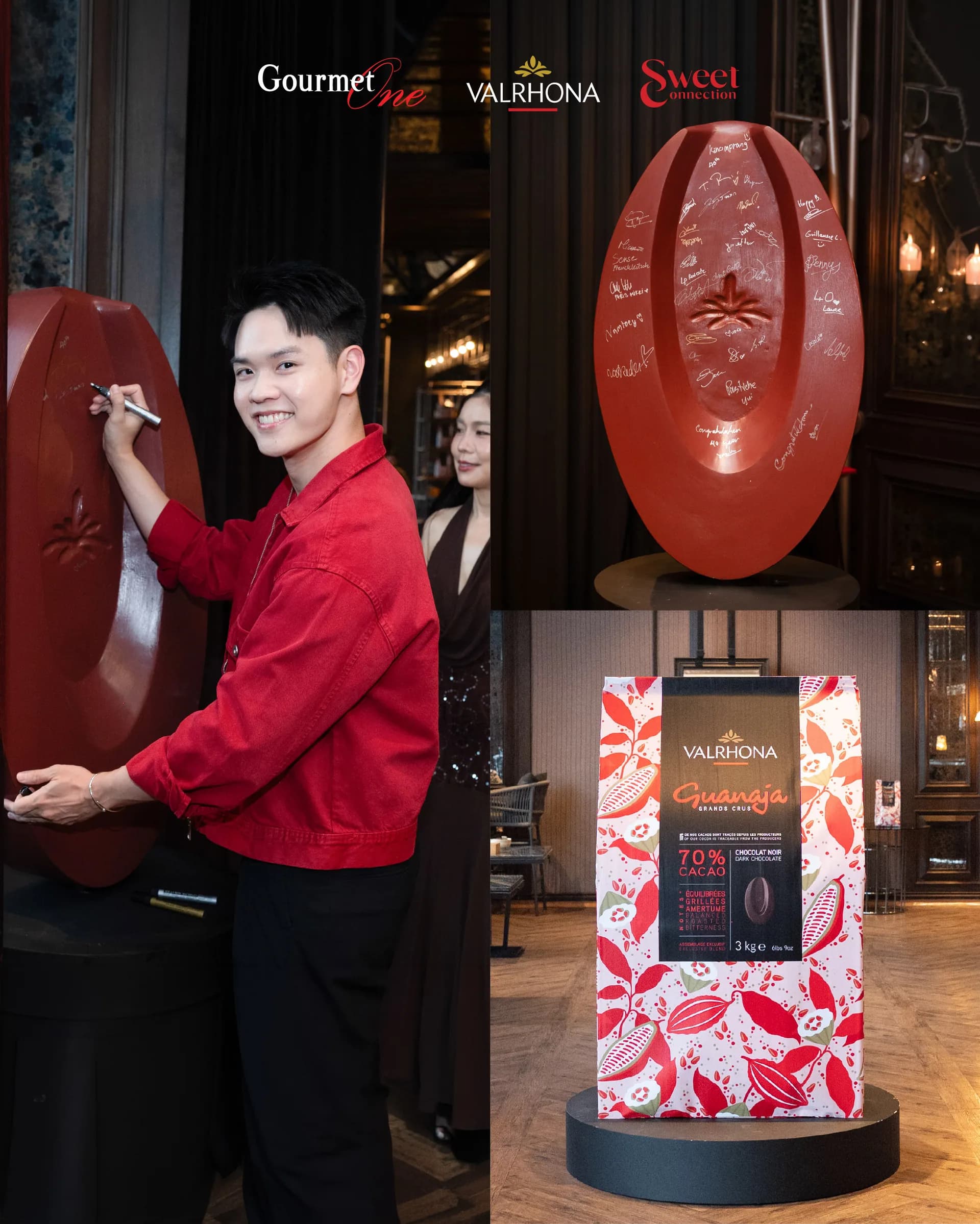 A guest exploring a sculptural Guanaja chocolate display beside an anniversary presentation.