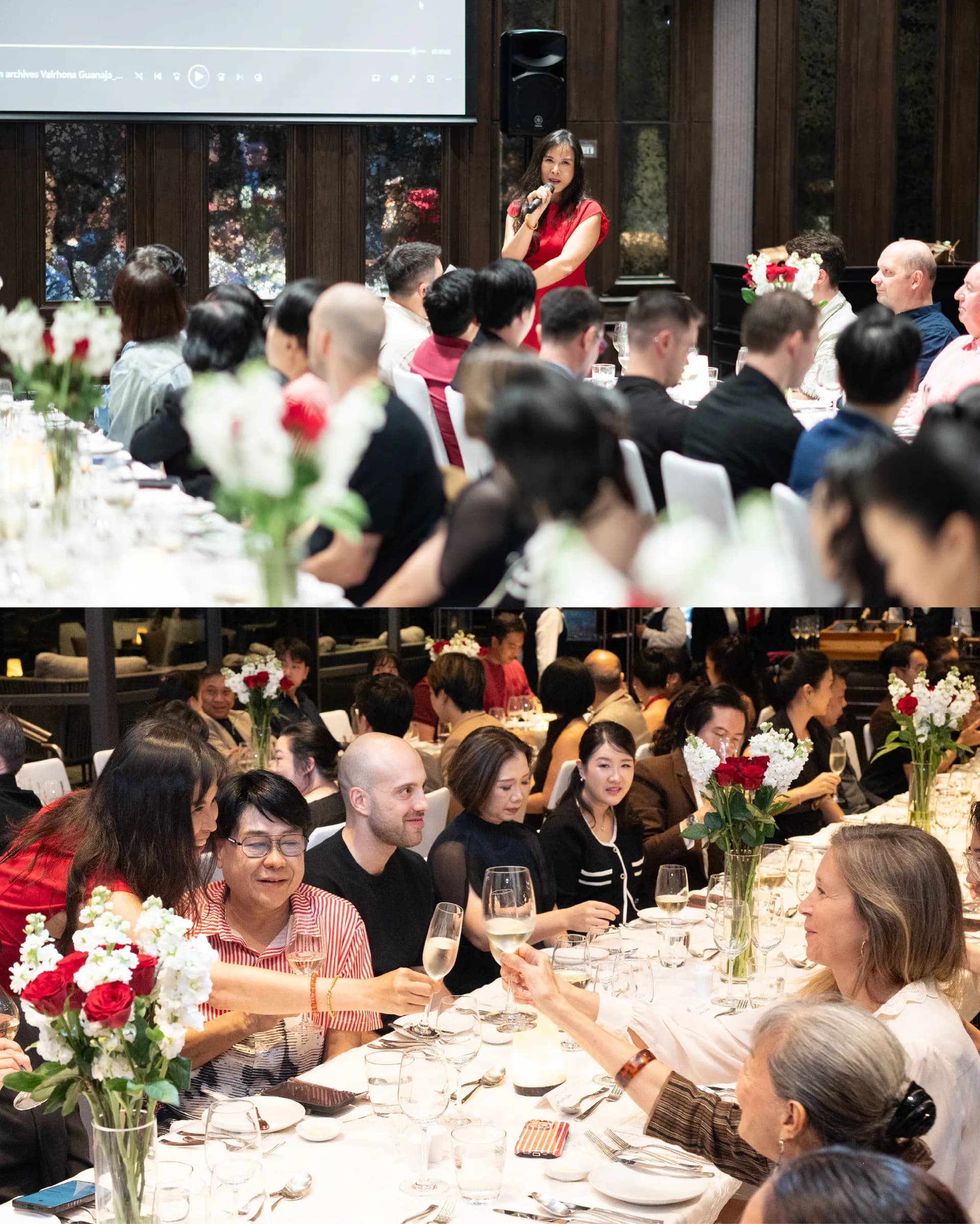 Welcome remarks and guests raising glasses around the dinner tables.