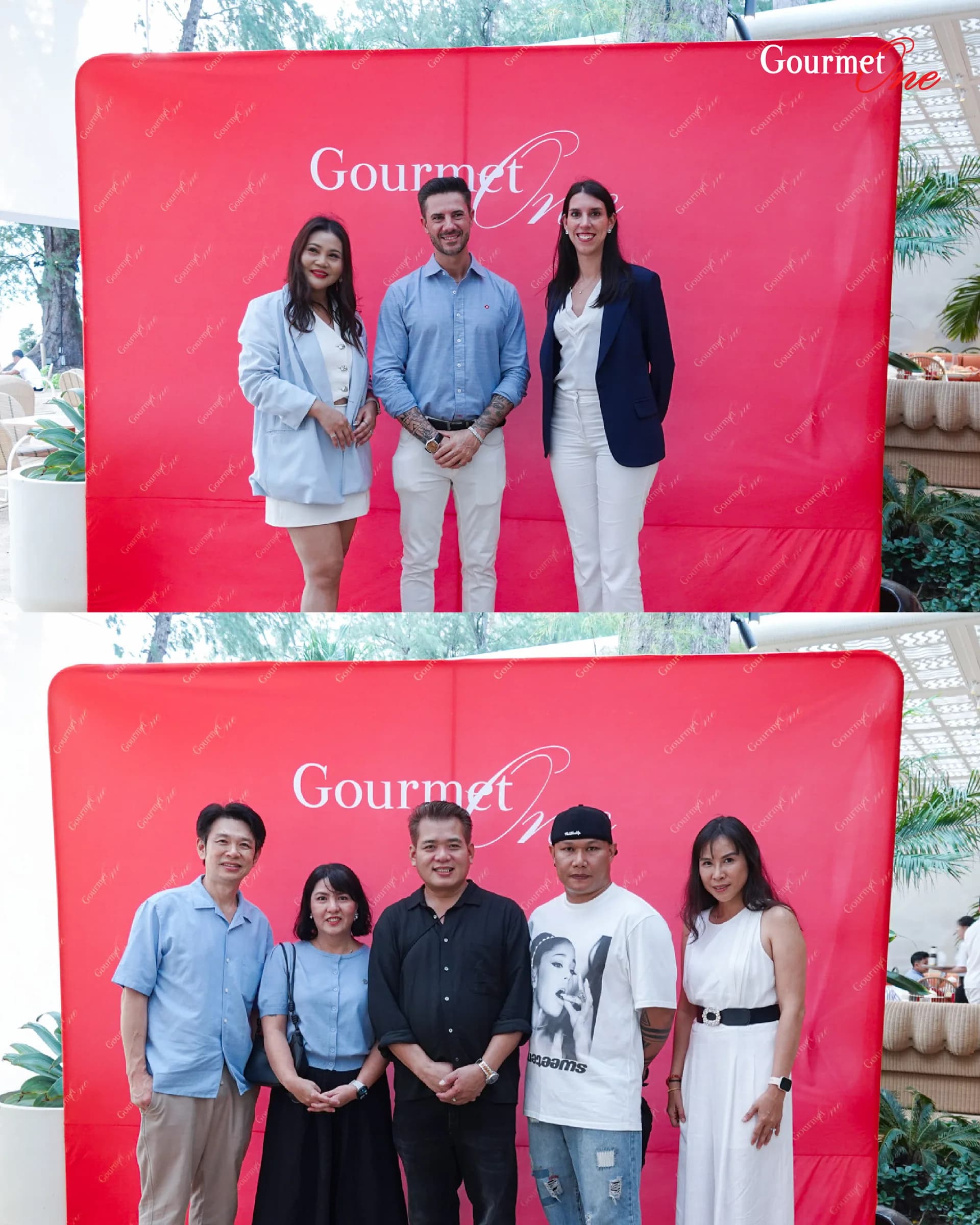 Guests posing in front of the Gourmet One backdrop at the Pattaya dinner.