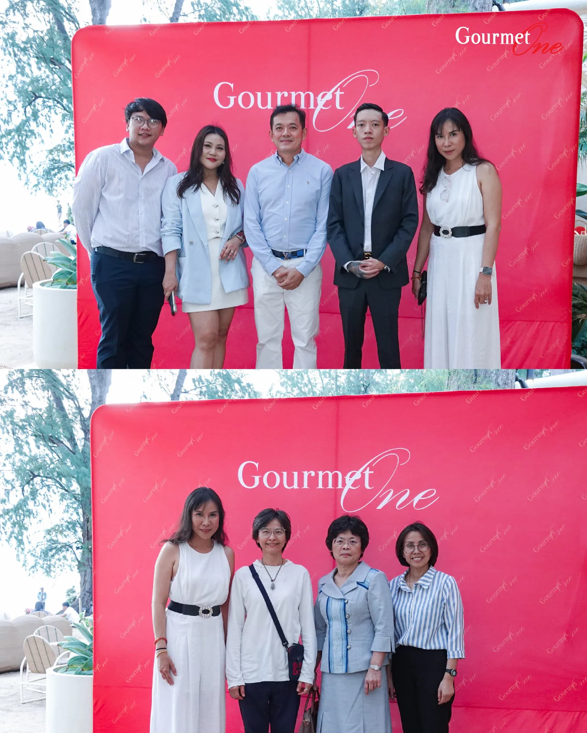 Groups of guests photographed against the Gourmet One event backdrop.