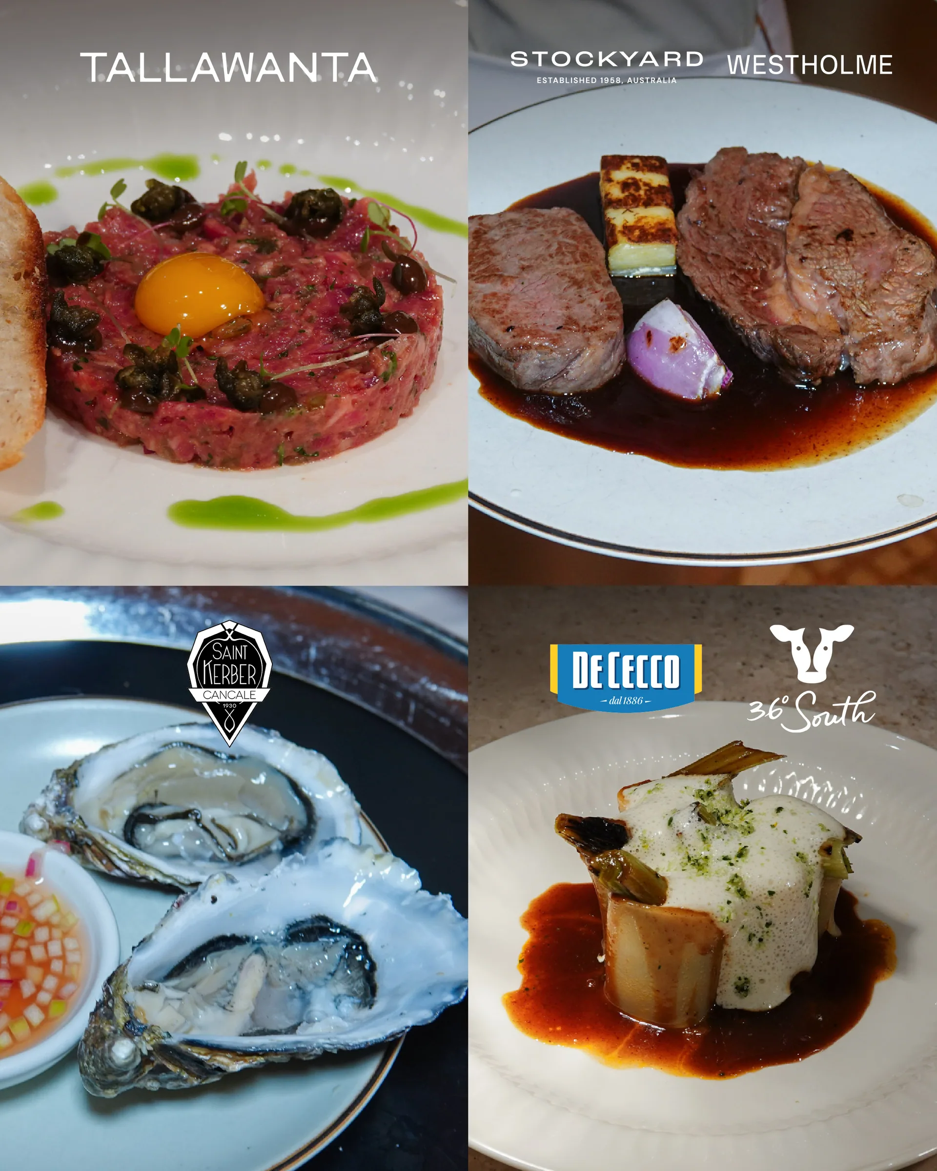 A collage of dishes created with Tallawanta, Stockyard, Westholme, St. Kerber, De Cecco and 36° South products.