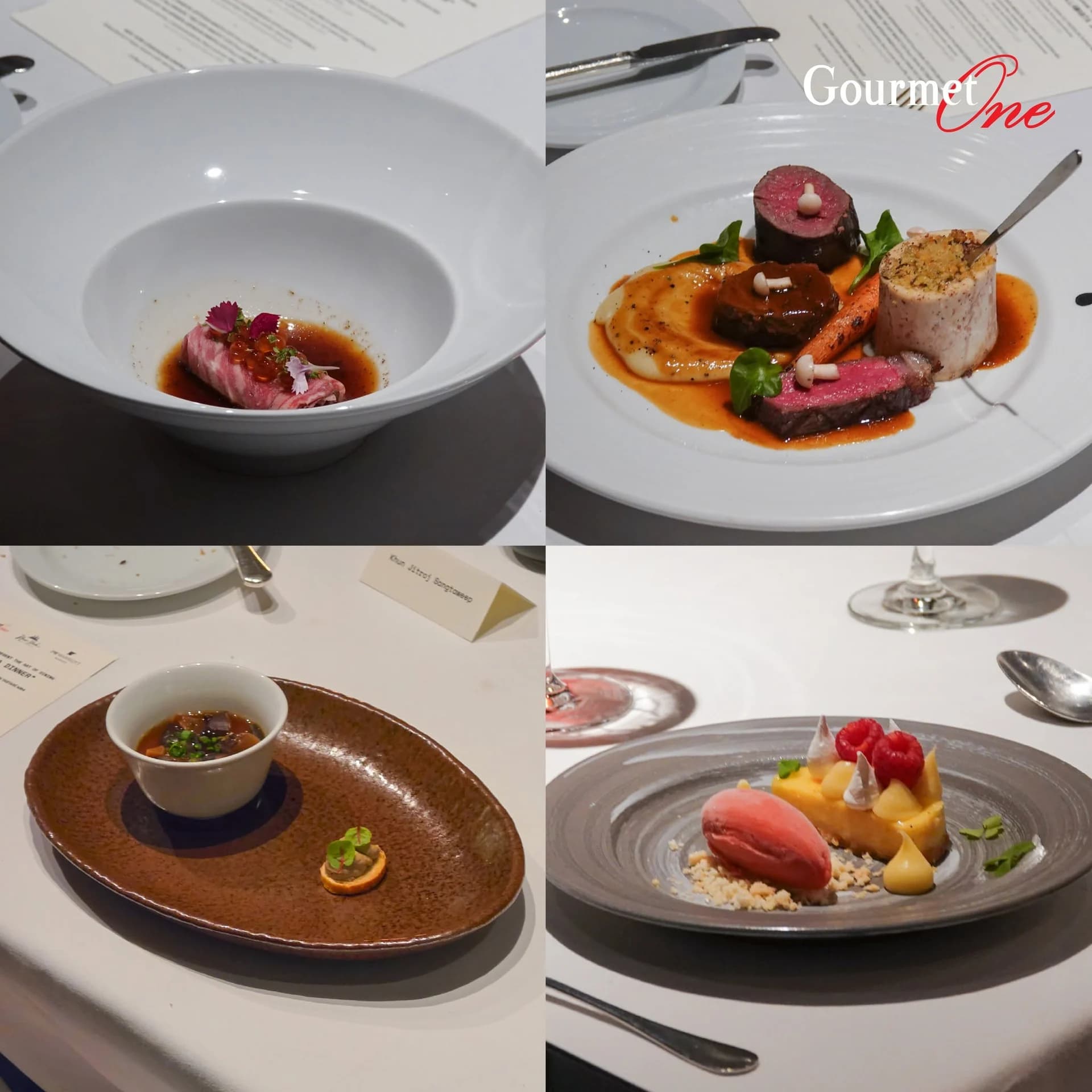 Four plated dishes from the launch dinner, including beef, soup and dessert.