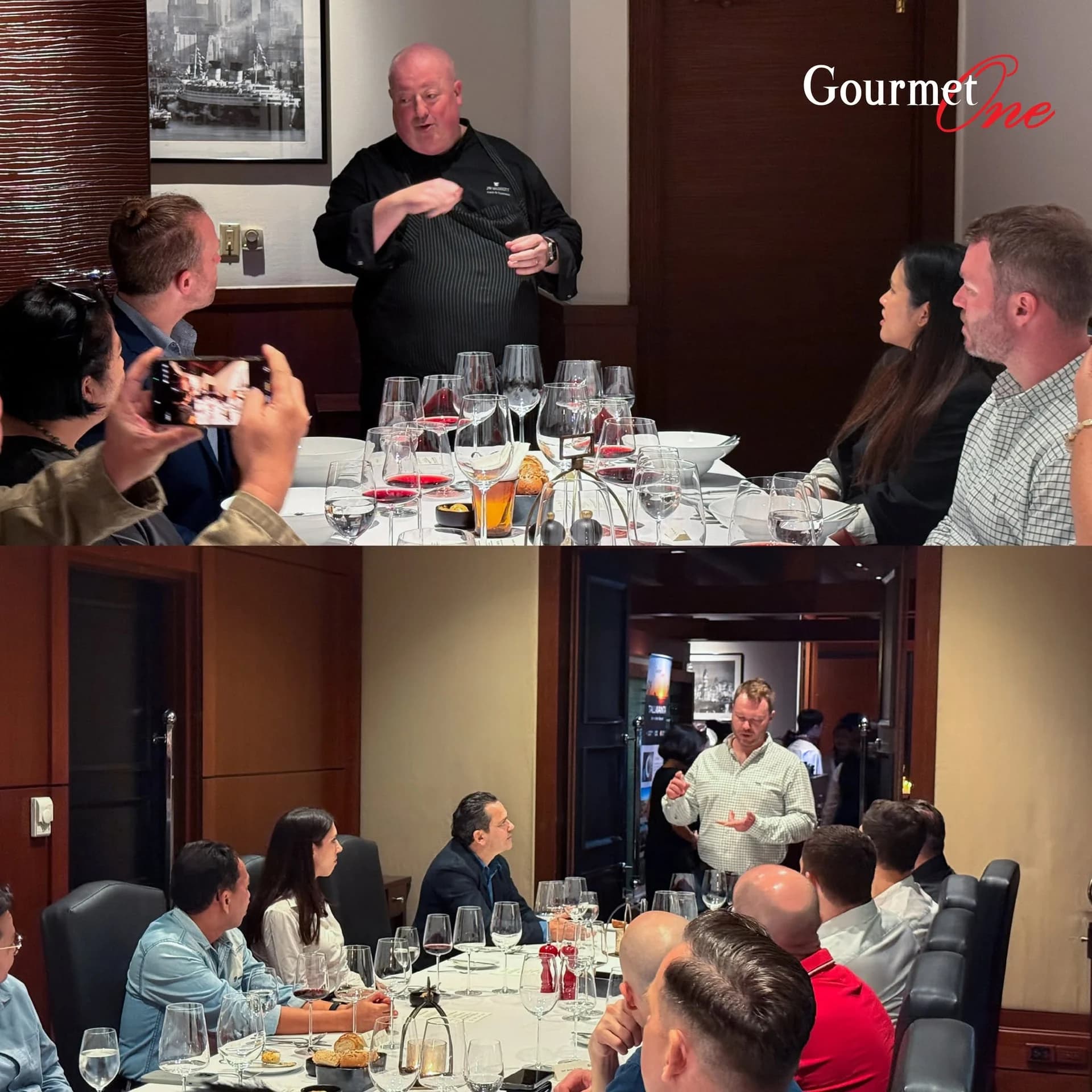 Two photographs of speakers addressing guests seated around dinner tables.