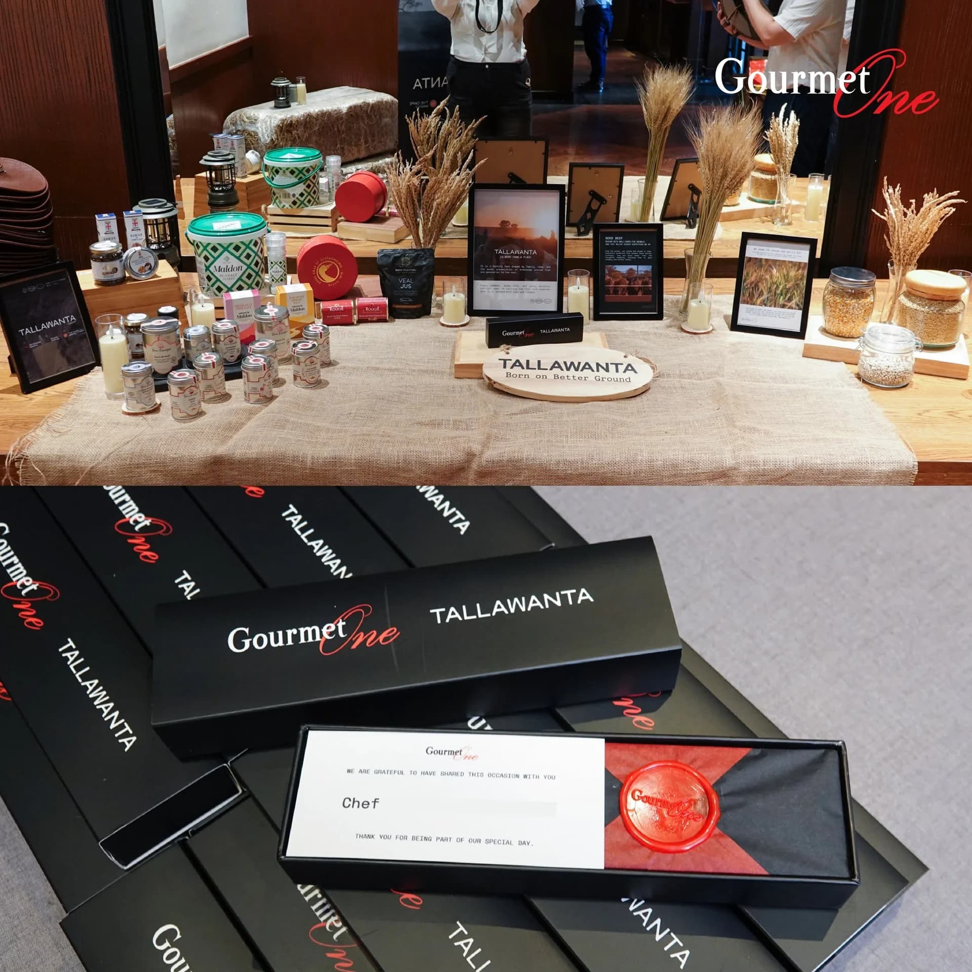 Product displays, place cards and TALLAWANTA presentation boxes prepared for dinner guests.