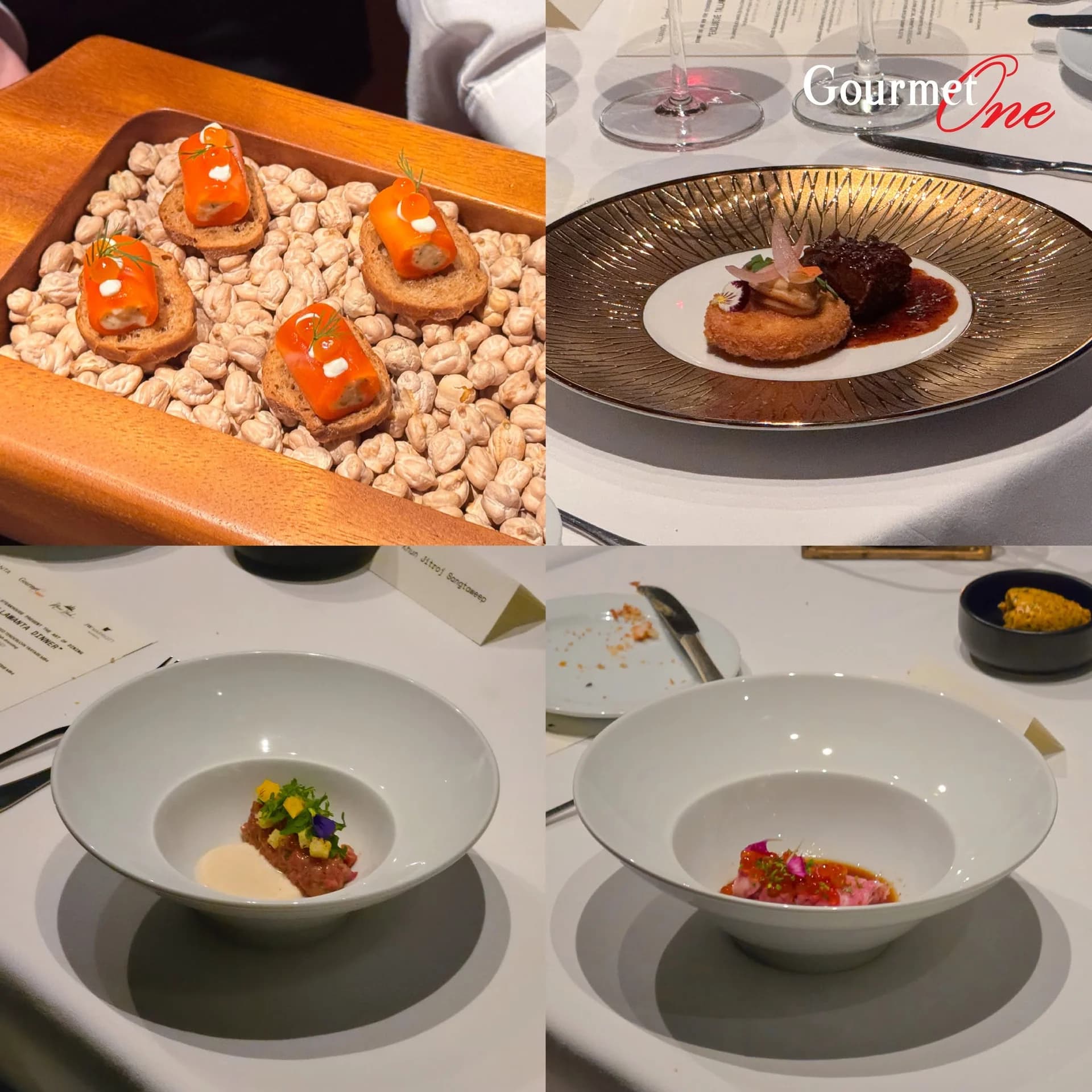 A collage of plated courses and small bites served during the evening.